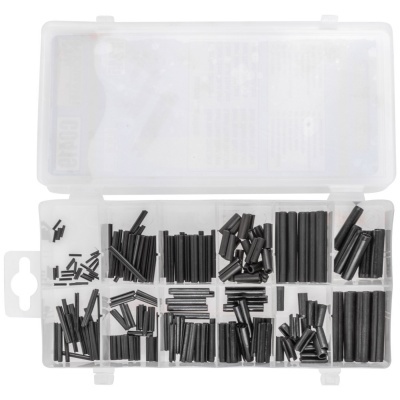 Conjunto de tubos termo retráteis pretos variados numa caixa plástica