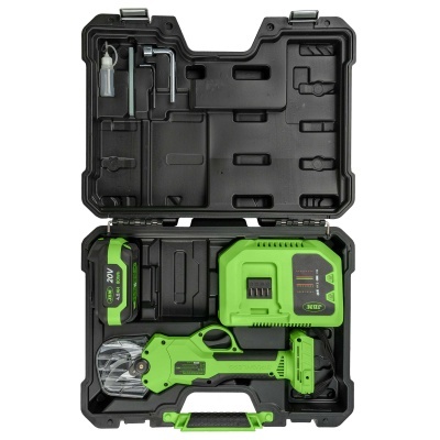 Estojo preto com ferramentas de jardim elétricas verdes organizado