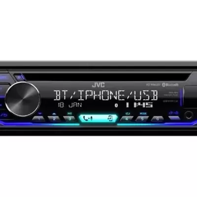 Aparelho de som automóvel JVC preto com visor digital e botões azuis