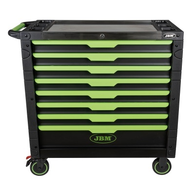 Carrinho de ferramentas preto com gavetas verdes e rodas