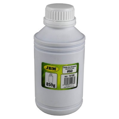 Frasco branco de plástico com etiqueta verde e amarela para óxido de alumínio