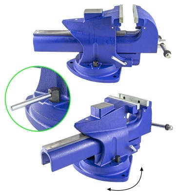 Sargento de bancada azul com mandíbulas de aço e base giratória
