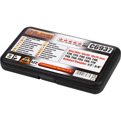 Estojo preto com kit de bits RUIXINHOMANN C6937 e etiquetas com texto