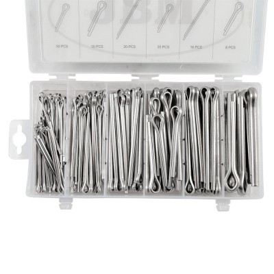 Conjunto de pinos de segurança metálicos em caixa de plástico transparente