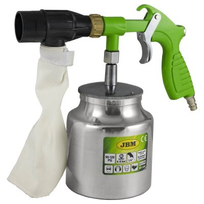 Pistola de limpeza metálica com punho verde e bolsa branca