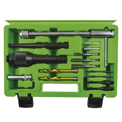Estojo verde com conjunto de ferramentas de perfuração e acessórios metálicos