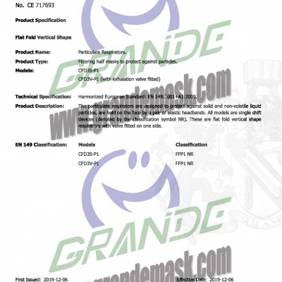 Certificado UE para respiradores filtrantes plana vertical CFD3S-P1 e CFD3V-P1