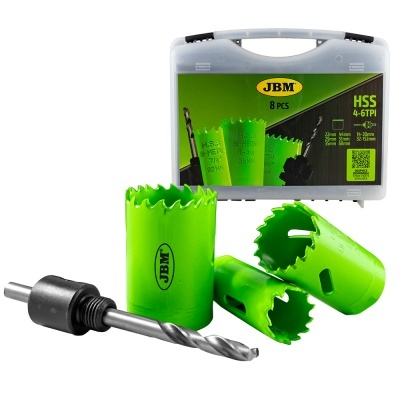 Conjunto de brocas serra copo JBM em estojo cinza com etiqueta verde