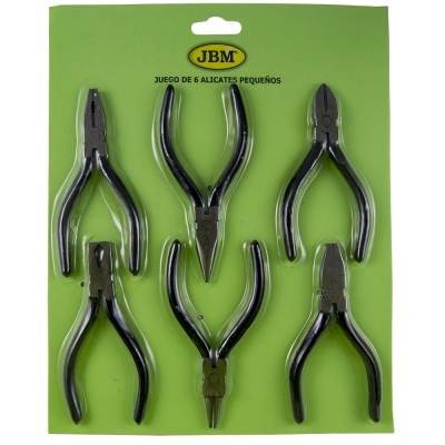 Conjunto de 6 alicates pequenos em cartão verde com texto JBM