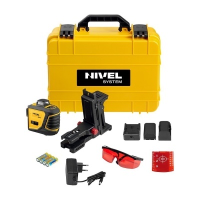 Conjunto de nível laser com mala amarela, dispositivo laser, suporte, pilhas, carregador, óculos e régua