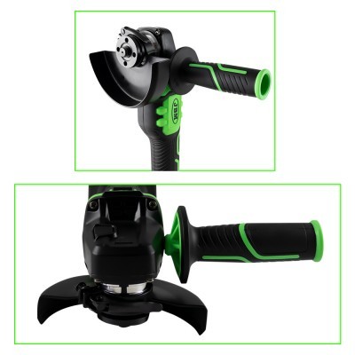 Esmerilhadora angular preta e verde com pega lateral e protecção para disco