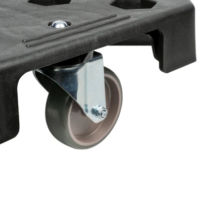 Rodízio de silicone cinza com suporte metálico prateado fixado a base preta de plástico