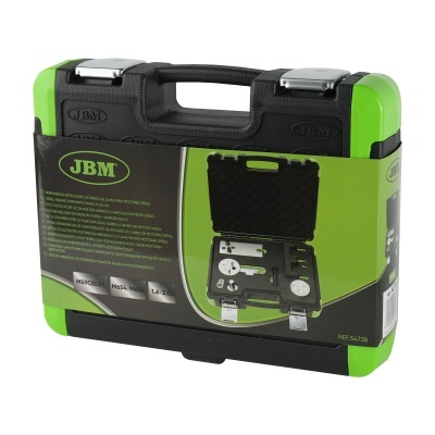 Mala preta e verde com ferramentas marca JBM e rótulo com texto para uso em Mercedes.