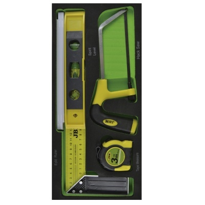 Conjunto de ferramentas amarelo e preto com fita métrica, nível, esquadro e serra de arco