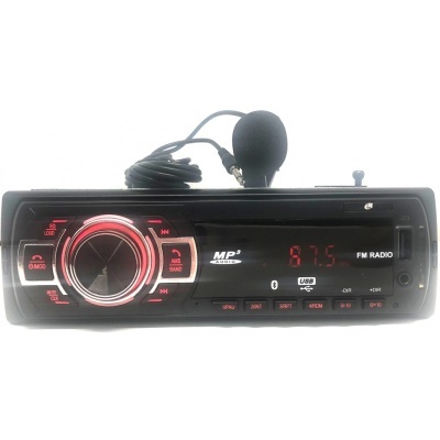 Aparelho de rádio de carro digital preto com luzes vermelhas e microfone preto