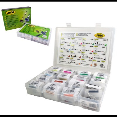 Kit de reparação de pneus JBM com caixa transparente e instruções no interior da tampa.