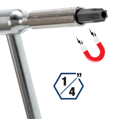 Chave de fendas tipo T em metal prateado e preta com íman e símbolo 1/4