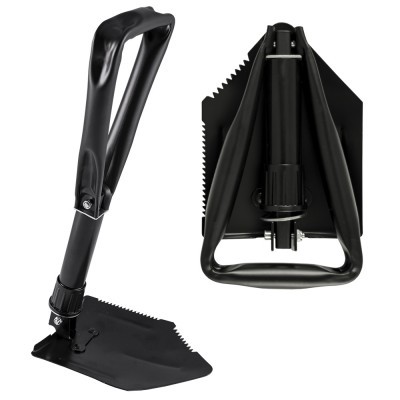 Pá de escavação portátil preta com cabo dobrável e lâmina serrilhada