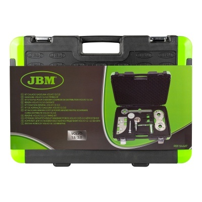 Mala de ferramenta preta e verde JBM com kit de calços para motores Volvo.