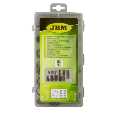 Conjunto de anilhas de segurança interiores JBM numa caixa plástica com rótulo verde e amarelo