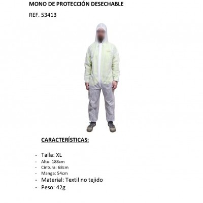 Mono de proteção descartável branco com capuz, texto técnico e logótipo JBM