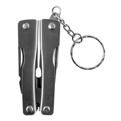 Porta-chaves metálico dobrável prateado com corrente.