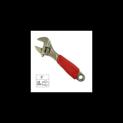 Chave ajustável com cabo vermelho e metal prateado, com marcação 6