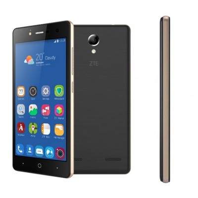 Smartphone preto ZTE com moldura dourada mostrado de frente, costas e lado