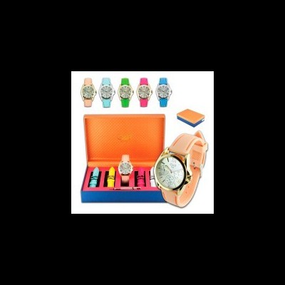 Conjunto de relógios coloridos em silicone dentro de estojo laranja