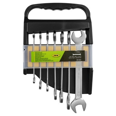 Conjunto de 7 chaves de metal num suporte preto com etiqueta verde e amarela