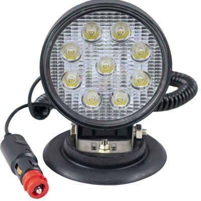 Luz LED redonda preta com 10 lâmpadas, cabo com conector vermelho.