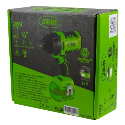 Caixa verde e preta de uma chave de impacto elétrica JBM 20V com texto e pictogramas técnicos