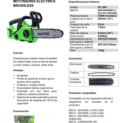 Motossierra elétrica brushless verde e preta com acessórios e caixa