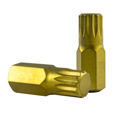 Dois bits de ferramenta metálicos amarelos em fundo branco