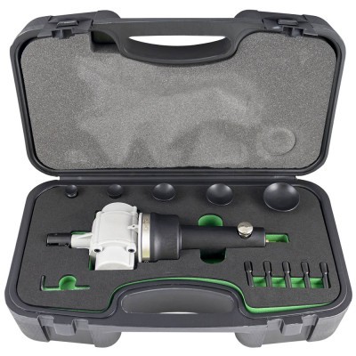 Conjunto de ferramenta pneumática com acessórios em estojo preto com almofadas cinza e verde