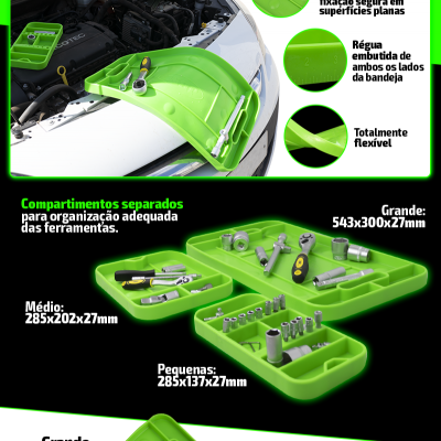 Bandejas organizadoras verdes para ferramentas em vários tamanhos e design antiderrapante