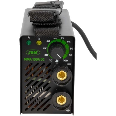 Aparelho eletrónico preto com regulador, conexões douradas e alça de transporte