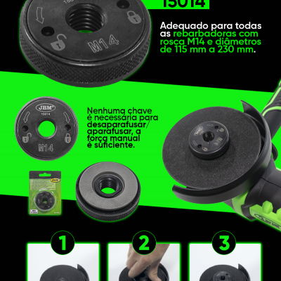 Peça circular preta com rosca central e textos gravados, para rebarbadoras, com embalagem plástica verde e preta