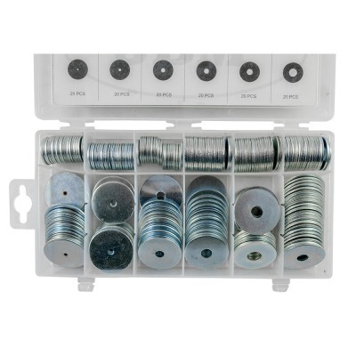 Conjunto de arruelas metálicas em caixa plástica organizada