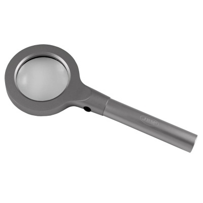 Lupa de mão cinzenta com lente circular e botão preto lateral