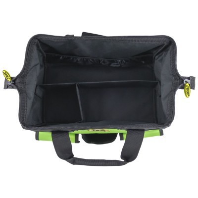 Bolsa de transporte preta com divisórias internas e fechos com etiquetas amarelas