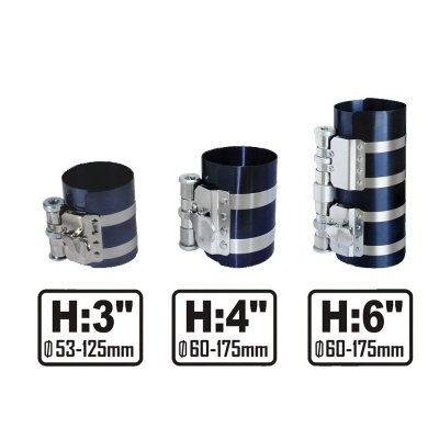 Três dispositivos de aperto metálicos com riscas prateadas e etiquetas de tamanho