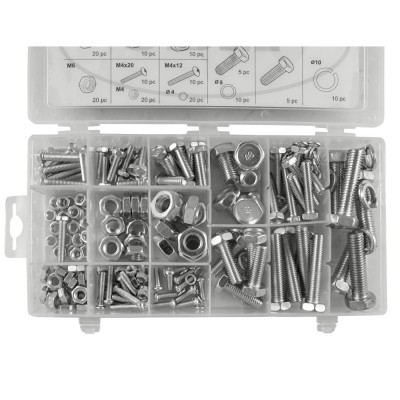 Conjunto de parafusos e porcas metálicos organizados em caixa plástica transparente.