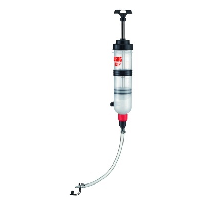 Bomba manual para óleo com corpo metálico prateado e punho preto