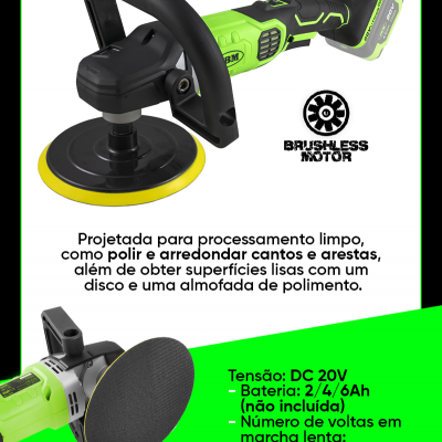 Polidora elétrica verde e preta com disco de polimento amarelo e texto técnico em português.