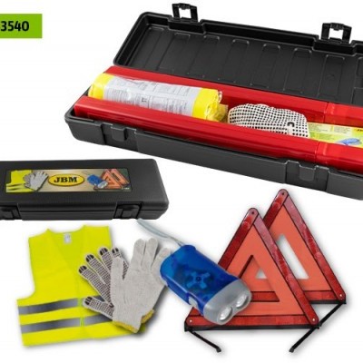 Conjunto de segurança automóvel com colete, luvas, triângulos de emergência, lanterna e caixa preta