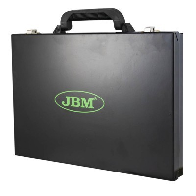 Mala de ferramentas preta com logótipo verde JBM e pega preta