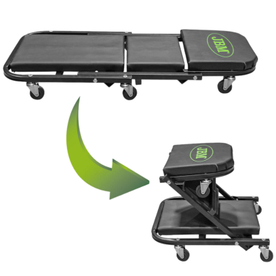 Produto articulado preto com rodas para sentar ou deitar com logotipo verde JBM