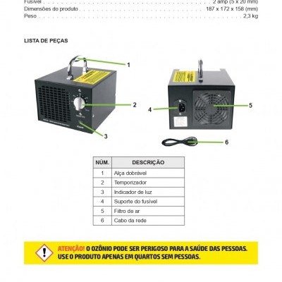 Gerador de ozônio preto com vários componentes e advertência de segurança em português