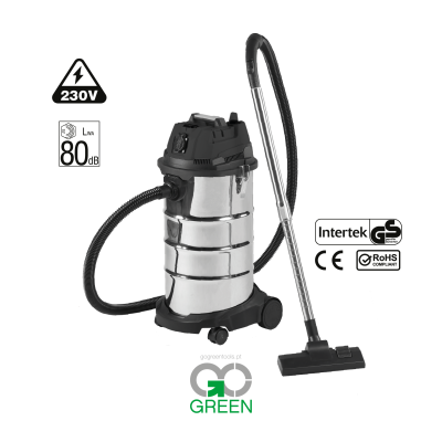 Aspirador industrial em aço inoxidável com mangueira e escova, fundo branco, logótipo Go Green e símbolos de certificação.